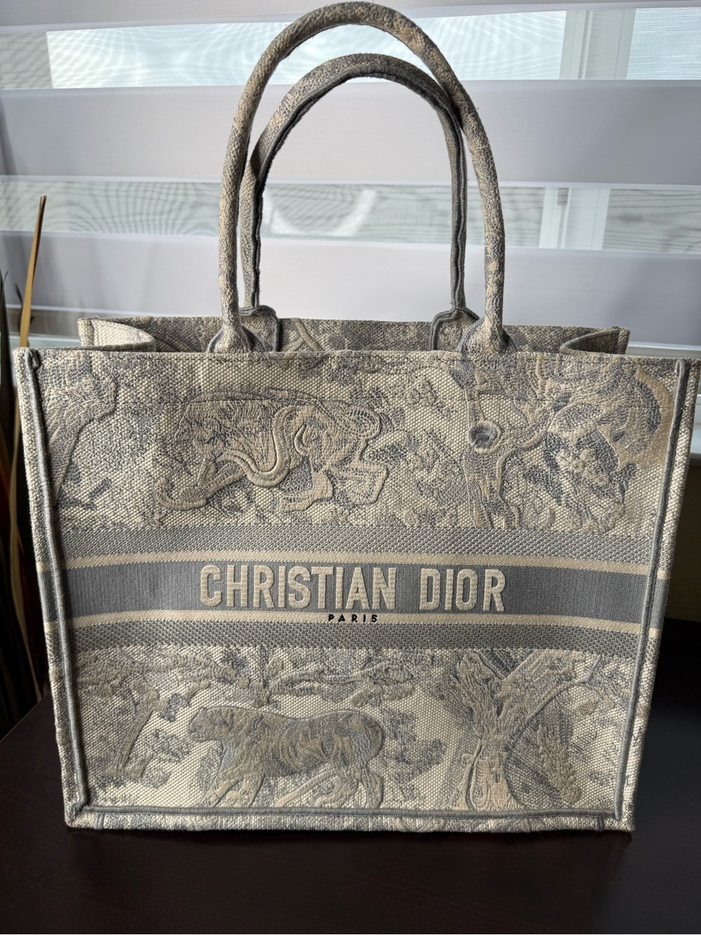Dior Neutral Beige & Gray Embroidered Christian Dior Tote